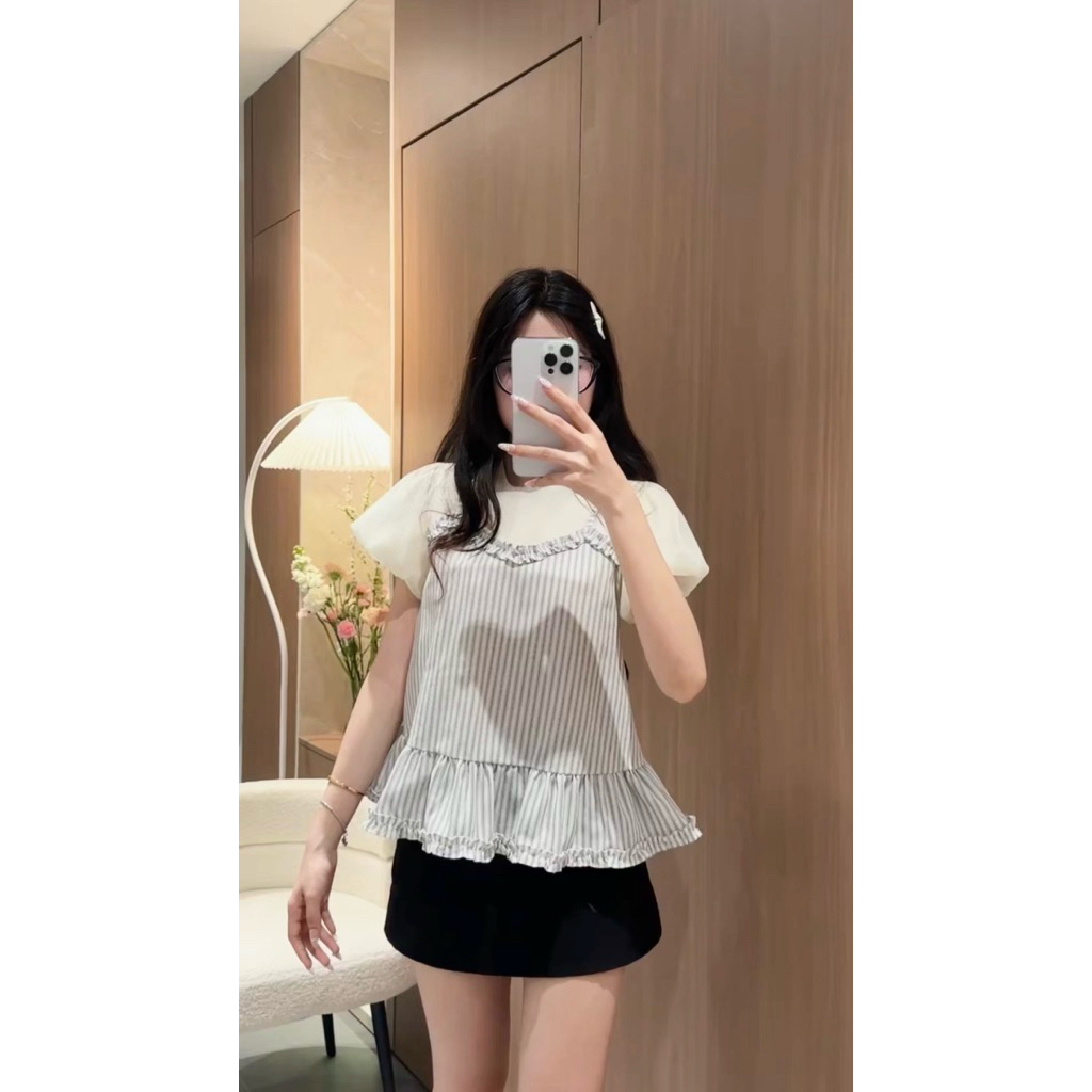 Set Áo Kiểu Tay Bồng Cộc Tay Phối Liền Áo 2 Dây Kẻ Xanh Bèo Nhún Babydoll Nàng Thơ