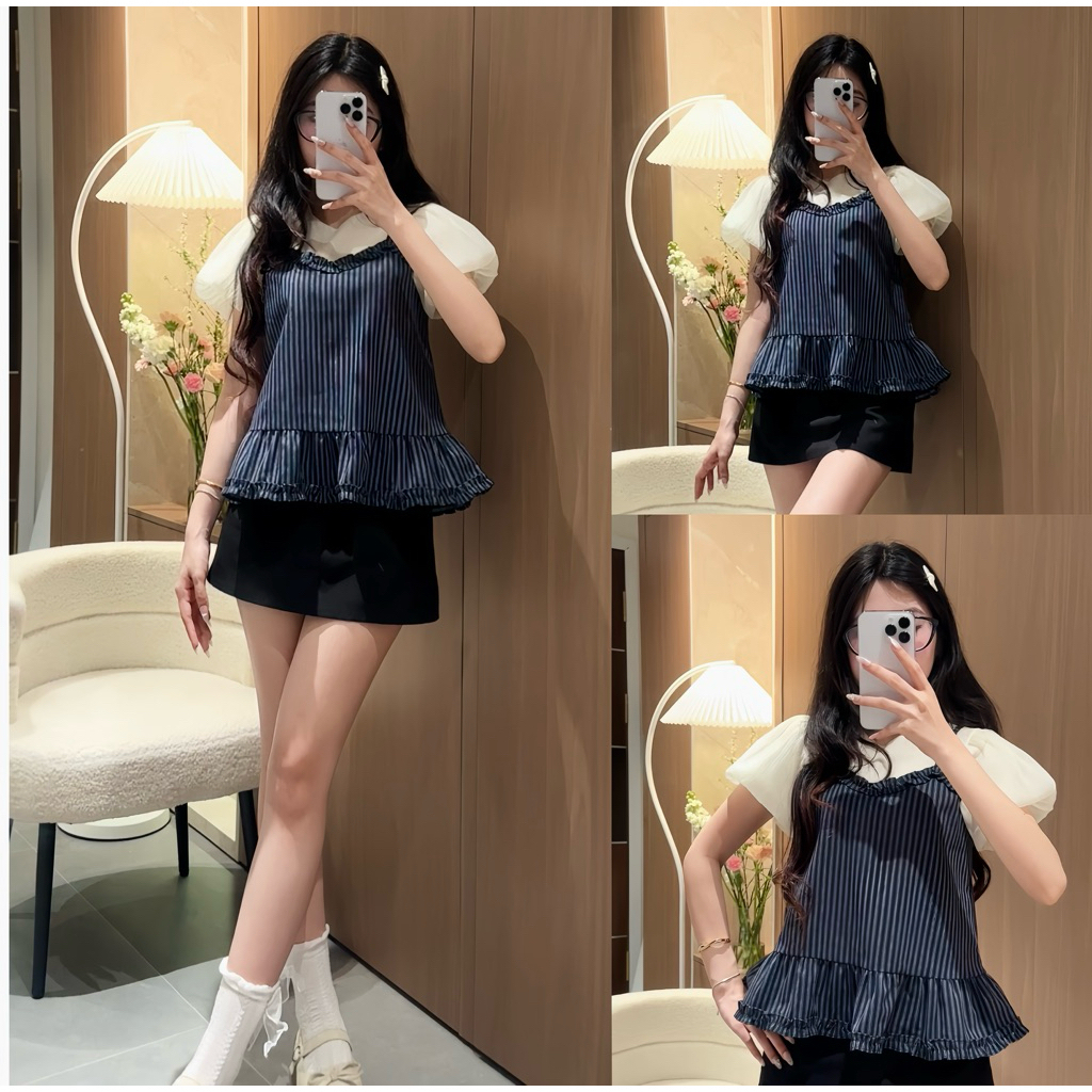 Set Áo Kiểu Tay Bồng Cộc Tay Phối Liền Áo 2 Dây Kẻ Xanh Bèo Nhún Babydoll Nàng Thơ