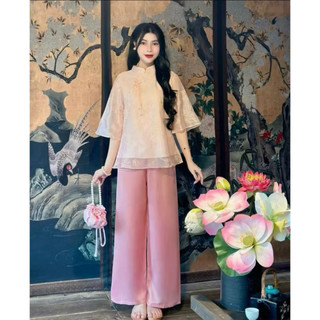 ĐỒ LAM ĐI CHÙA BỘ LỄ NỮ  MẪU TƠ HOA 3D CỔ TÀU 3 CÚC NGỌC  CHÉO  VAI NƠ DÂY SIÊU  XINH