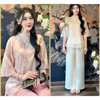 ĐỒ LAM ĐI CHÙA BỘ LỄ NỮ  MẪU TƠ HOA 3D CỔ TÀU 3 CÚC NGỌC  CHÉO  VAI NƠ DÂY SIÊU  XINH