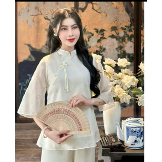 ĐỒ LAM ĐI CHÙA BỘ LỄ NỮ  MẪU TƠ HOA 3D CỔ TÀU 3 CÚC NGỌC  CHÉO  VAI NƠ DÂY SIÊU  XINH