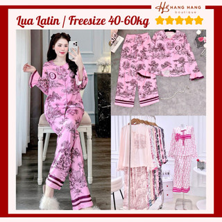 Đồ ngủ nữ 40-60kg, pijama dài tay loe bèo cổ tim cột nơ lụa latin mịn mát 60DD44, đồ bộ nữ đồ mặc nhà sang chảnh