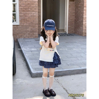 Xả lẻ size Set áo cotton xẻ tà phối ren mềm mát + chân váy kẻ 3 tầng phong cách Hàn Quốc cho bé 9-26kg