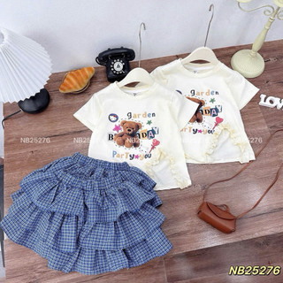 Xả lẻ size Set áo cotton xẻ tà phối ren mềm mát + chân váy kẻ 3 tầng phong cách Hàn Quốc cho bé 9-26kg