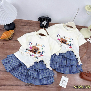 Xả lẻ size Set áo cotton xẻ tà phối ren mềm mát + chân váy kẻ 3 tầng phong cách Hàn Quốc cho bé 9-26kg