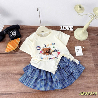Xả lẻ size Set áo cotton xẻ tà phối ren mềm mát + chân váy kẻ 3 tầng phong cách Hàn Quốc cho bé 9-26kg
