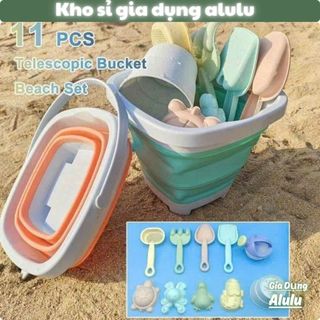 Bộ Đồ Chơi Xúc Cát Cho Bé 11 Món Xô Gấp Gọn Kèm Khuôn Cát Xẻng Cào Đi Biển An Toàn - Kho Sỉ Gia Dụng Alulu