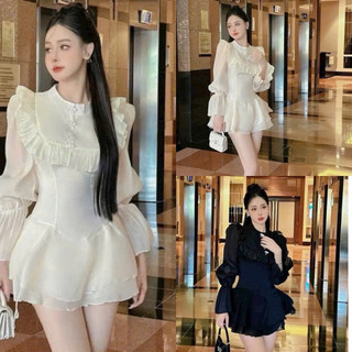 Đầm nữ thiết kế vải tơ 2 lớp mới cổ tàu kiểu bèo đính nơ tay dài dáng ôm body váy tầng xòe mặc dự tiệc cực sang chảnh