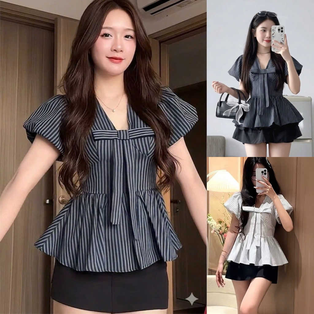 Áo sơ mi kẻ sọc tay phồng form babydoll xoè xinh sau lưng có khoá kéo thắt dây eo SMK98 - SamHi Closet