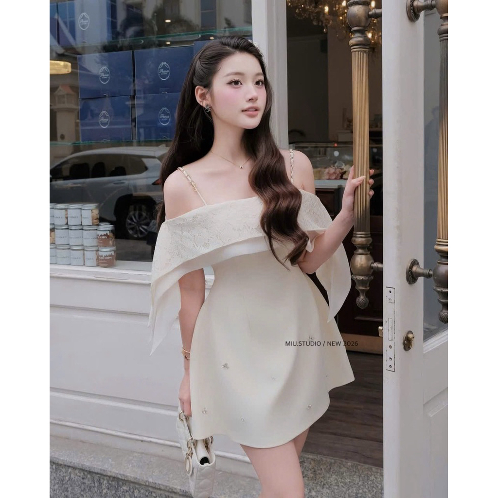 Váy thiết kế 2S phối vạt dáng A đính đá sang chảnh , Đầm trễ vai dáng xoè tiểu thư thanh lịch mặc đi chơi , đi tiệc
