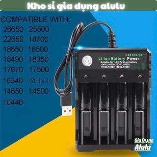 Máy Sạc Pin 18650 4 Khe USB Thông Minh Tự Ngắt, Sạc Pin Lithium Li-ion 3.7V 14500 16340 26650 - Kho Sỉ Gia Dụng Alulu