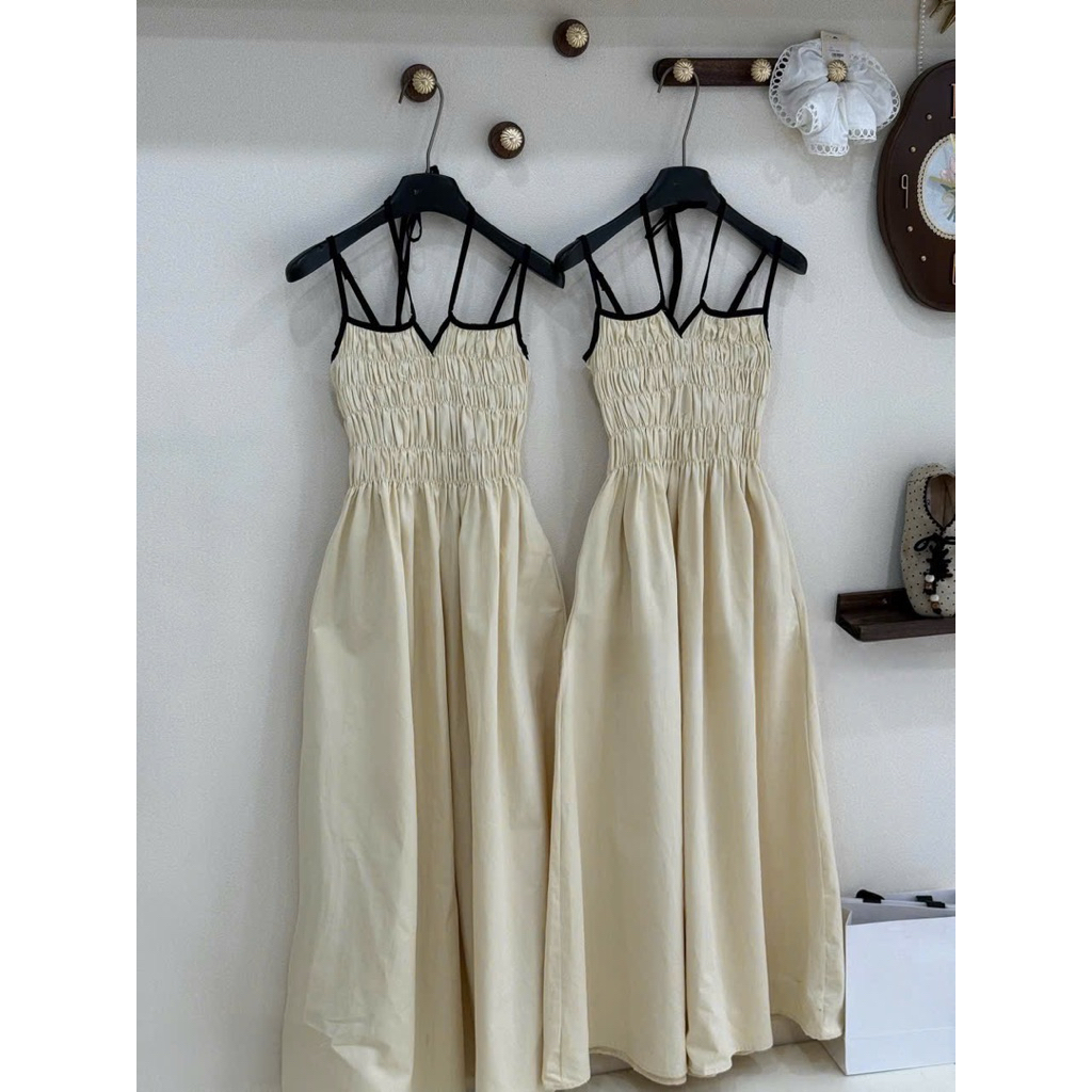 Váy maxi 2S nhún ngực phối nơ cách điệu mặc đi biển đi chơi , Đầm thô bèo phối viền dáng xuông phong cách vintage HQuốc