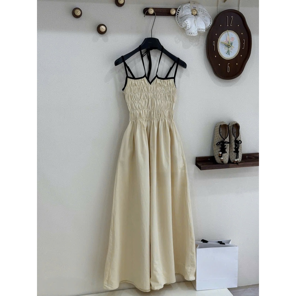 Váy maxi 2S nhún ngực phối nơ cách điệu mặc đi biển đi chơi , Đầm thô bèo phối viền dáng xuông phong cách vintage HQuốc