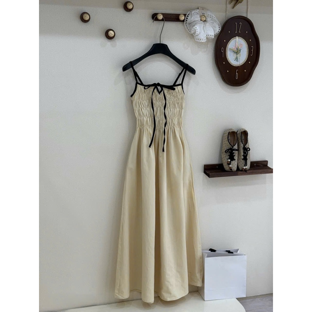 Váy maxi 2S nhún ngực phối nơ cách điệu mặc đi biển đi chơi , Đầm thô bèo phối viền dáng xuông phong cách vintage HQuốc