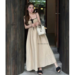 Váy maxi 2S nhún ngực phối nơ cách điệu mặc đi biển đi chơi , Đầm thô bèo phối viền dáng xuông phong cách vintage HQuốc