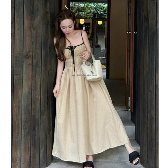 Váy maxi 2S nhún ngực phối nơ cách điệu mặc đi biển đi chơi , Đầm thô bèo phối viền dáng xuông phong cách vintage HQuốc