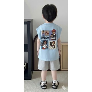 Set Bé Trai Cotton Mềm Mát Co Giãn 4 Chiều Áo Sát Nách + Quần Short In Hình Dễ Thương