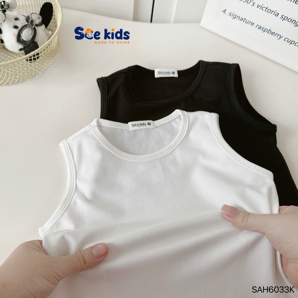 Áo ba lỗ trơn màu basic cho bé, áo thun cổ tròn 2 màu trắng đen đơn giản dễ mặc cho bé