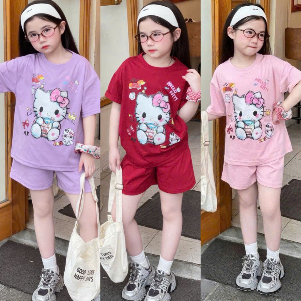 Bộ Cộc Tay 3 Mầu Mùa Hè In Họa Tiết Mèo Kitty Cho Bé Gái 9-42kg Chất Cotton 4 Chiều