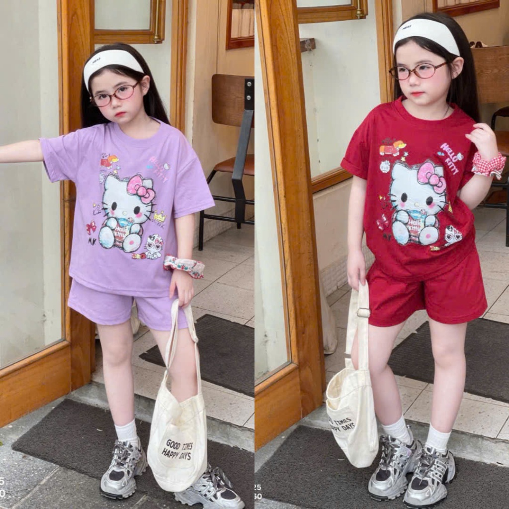 Bộ Cộc Tay 3 Mầu Mùa Hè In Họa Tiết Mèo Kitty Cho Bé Gái 9-42kg Chất Cotton 4 Chiều