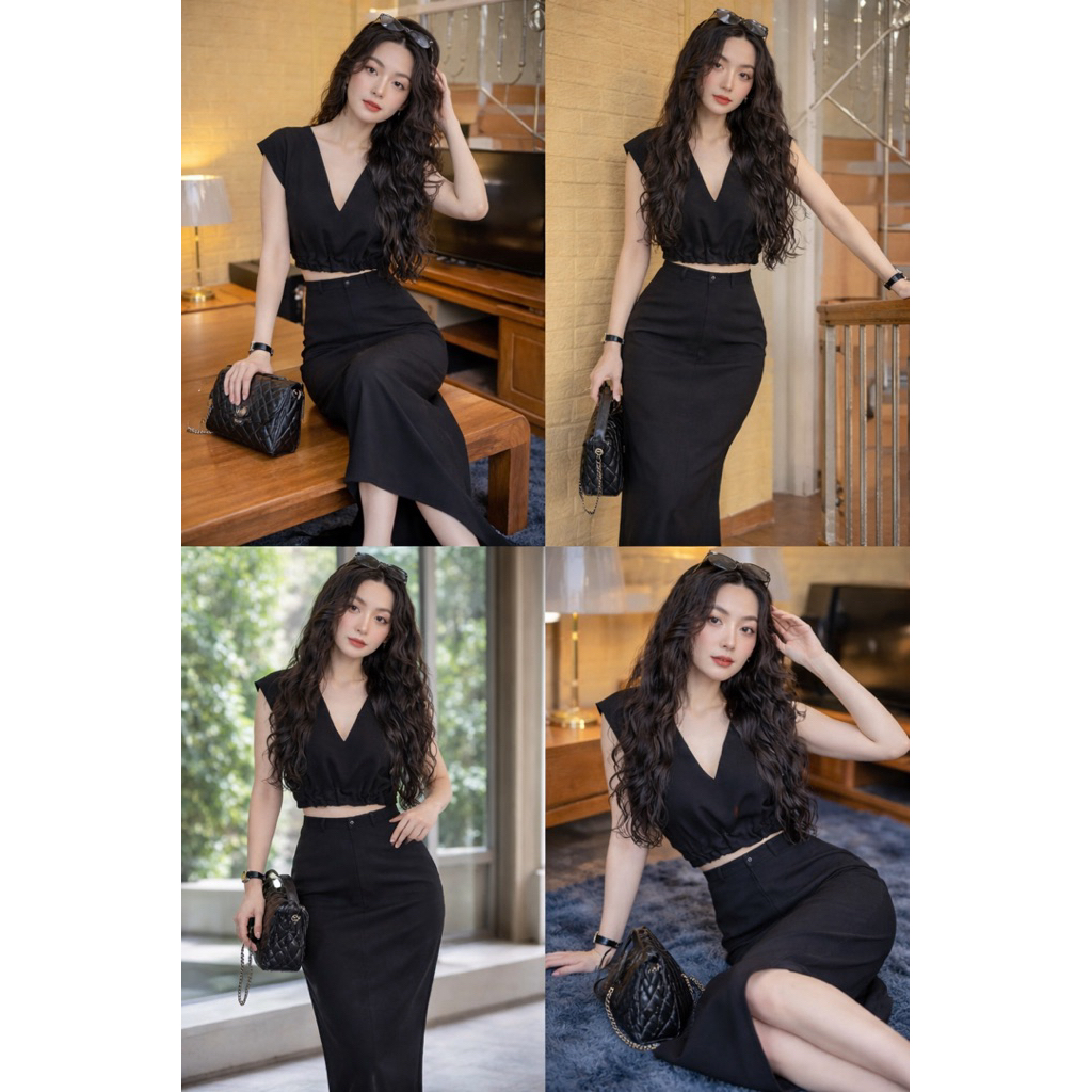 Set áo cổ V Cao Cấp Màu Đỏ ,Ðen  Áo Croptop + Chân Váy Dài Body – Phong Cách Quý Phái New 2026