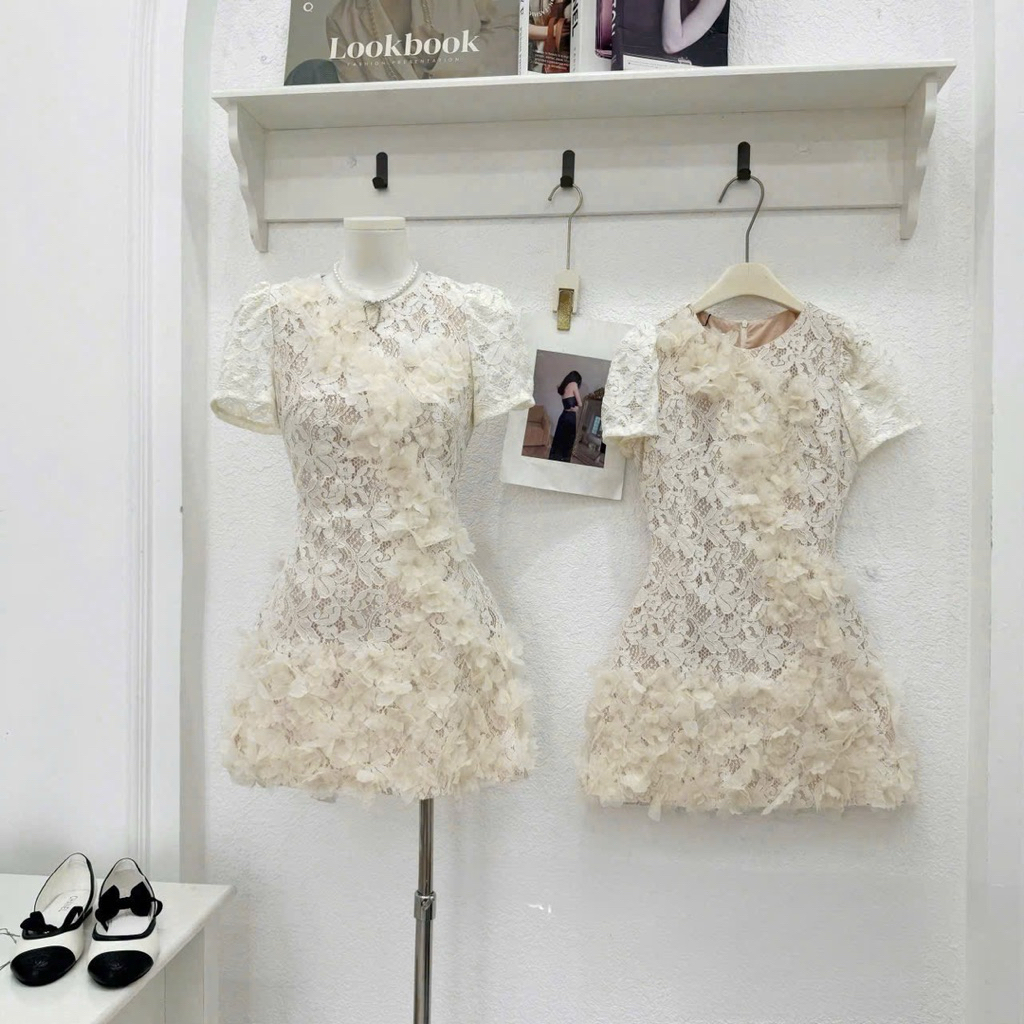 MIU.STUDIO • Váy thiết kế ren hoa lazer dáng A  cộc tay tiểu thư thanh lịch , Đầm dự tiệc phối ren hoa dáng ngắn cao cấp