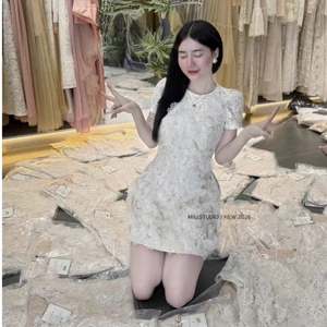 MIU.STUDIO • Váy thiết kế ren hoa lazer dáng A cộc tay tiểu thư thanh lịch , Đầm dự tiệc phối ren hoa dáng ngắn cao cấp