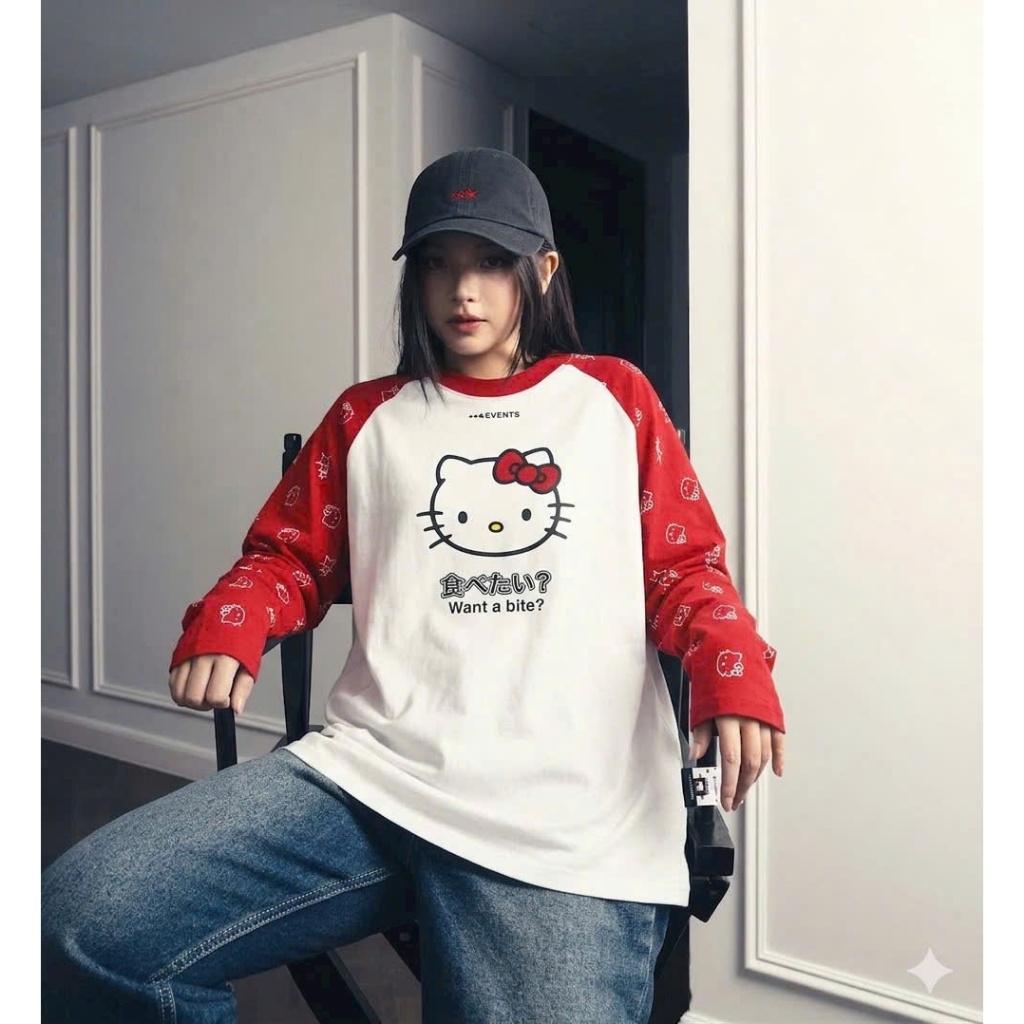 Áo tay dài long sleeve Lì Kitty boxy, chất vải cotton dày dặn, hình thêu xù chuẩn xịn, form boxy nam nữ