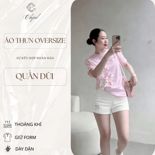 Bộ Áo Phông Nữ Chepol In Hoa, Cổ Tròn, Tay Ngắn, Phối Quần Đùi, Chất Cotton Cao Cấp(Áo Thun Hồng+Quần Đùi Trắng)CP_21461