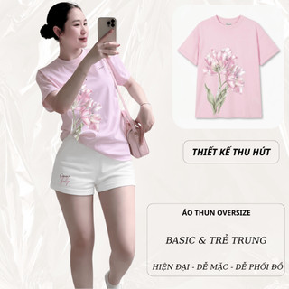 Bộ Áo Phông Nữ Chepol In Hoa, Cổ Tròn, Tay Ngắn, Phối Quần Đùi, Chất Cotton Cao Cấp(Áo Thun Hồng+Quần Đùi Trắng)CP_21461