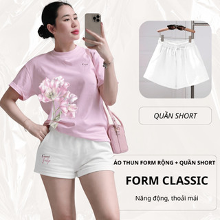 Bộ Áo Phông Nữ Chepol In Hoa, Cổ Tròn, Tay Ngắn, Phối Quần Đùi, Chất Cotton Cao Cấp(Áo Thun Hồng+Quần Đùi Trắng)CP_21461