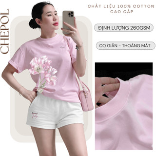 Bộ Áo Phông Nữ Chepol In Hoa, Cổ Tròn, Tay Ngắn, Phối Quần Đùi, Chất Cotton Cao Cấp(Áo Thun Hồng+Quần Đùi Trắng)CP_21461