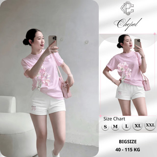 Bộ Áo Phông Nữ Chepol In Hoa, Cổ Tròn, Tay Ngắn, Phối Quần Đùi, Chất Cotton Cao Cấp(Áo Thun Hồng+Quần Đùi Trắng)CP_21461