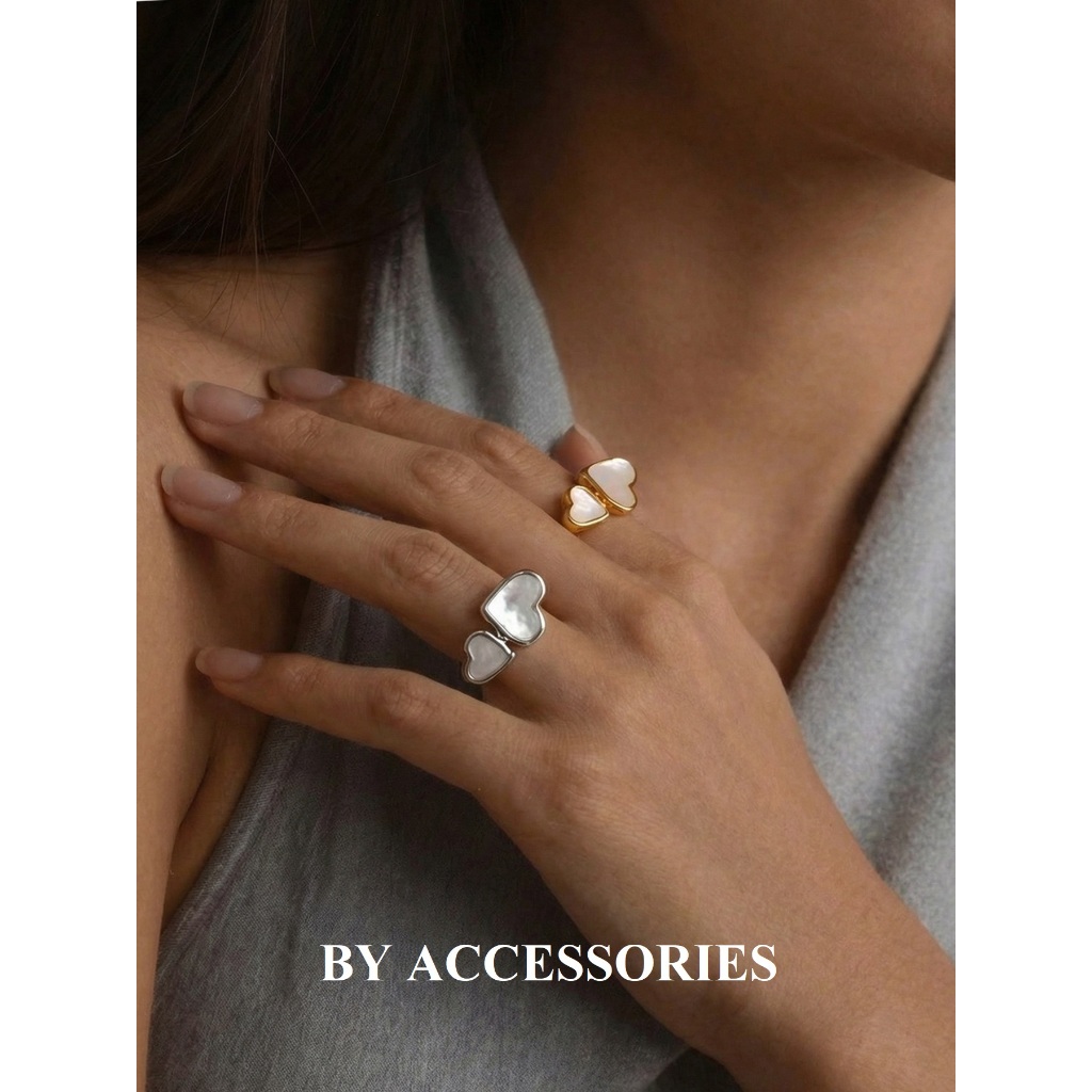 Nhẫn nữ titan 2 trái tim khảm xà cừ kiểu hở mạ vàng 18K không gỉ WR2638 BY ACCESSORIES