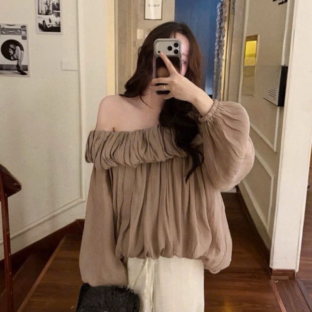MIU.STUDIO •”Adia Top” Áo trễ vai voan tơ tay bồng style tiểu thư HQuốc ,Áo kiểu nữ thiết kế dáng bí bồng xoè nhún bèo