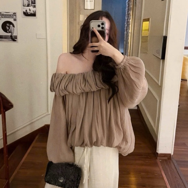 Áo trễ vai bèo nhún from rộng màu mocha nữ tính tôn dáng , Áo kiểu nữ hở vai dài tay dáng bí bồng style tiểu thư HQuốc