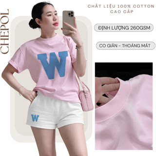 Bộ Áo Phông Nữ Chepol In Hoa, Cổ Tròn, Tay Ngắn, Phối Quần Đùi, Chất Cotton Cao Cấp(Áo Thun Hồng+Quần Đùi Trắng)CP_21483