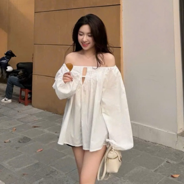 Áo babydoll trễ vai tay bồng thiết kế viền dập ly cách điệu , Áo kiểu nữ hở vai thiết kế đơn giản dễ phối • MIU.STUDIO