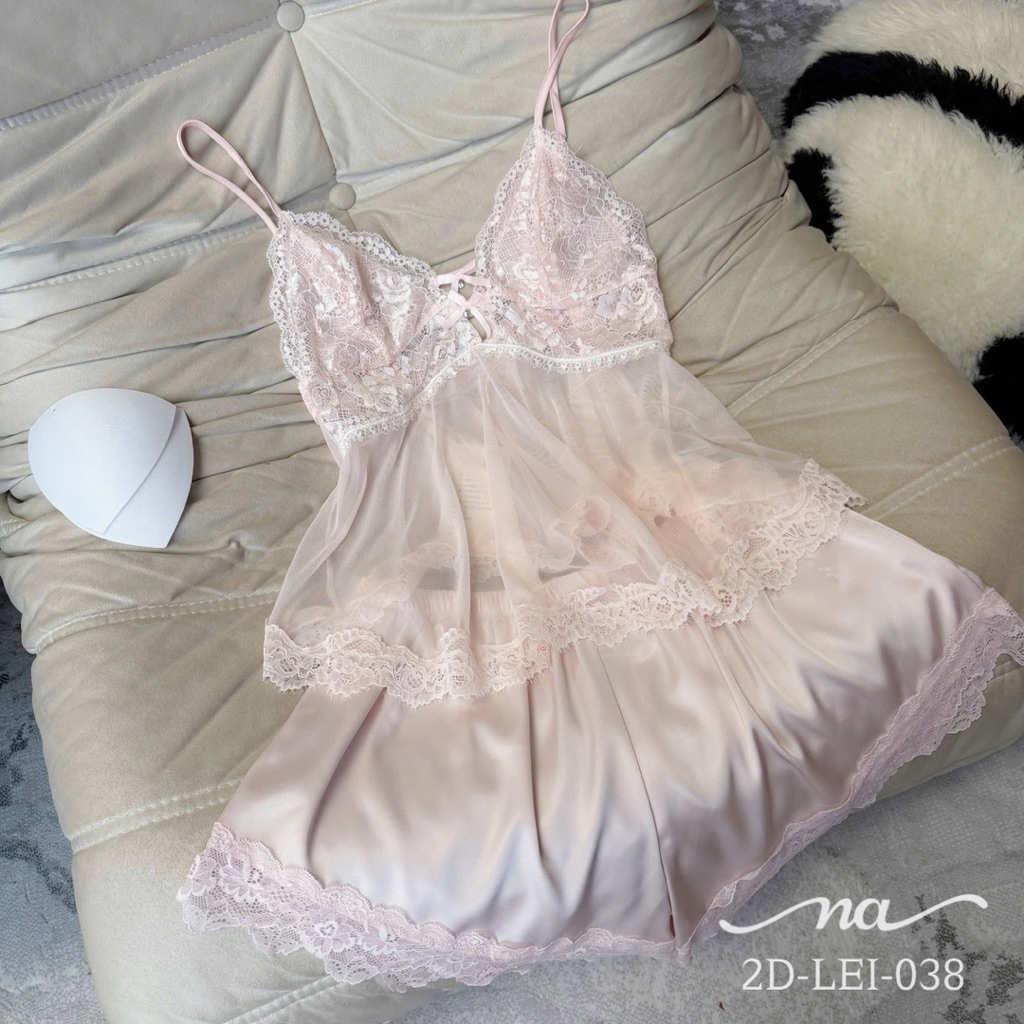 Set ngủ lụa áo 2 dây quần sooc phối ren