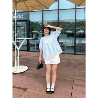 Áo babydoll kiểu cổ tròn phối ren tay phồng chất gió ChangStore - A16