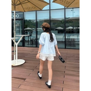 Áo babydoll kiểu cổ tròn phối ren tay phồng chất gió ChangStore - A16