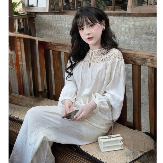 Set áo tơ tay bồng phối cổ ren cao cấp kèm quần suông dài style đơn giản Hàn quốc, thiết kế cao cấp - 1 màu trắng (sẵn)
