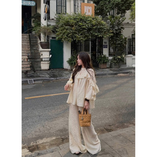 SEP House - Set kem áo dáng babydoll phối ren bèo tay dài kèm quần dài suông sang trọng, thanh lịch - Hàng loại 1