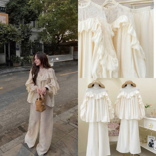 SEP House - Set kem áo dáng babydoll phối ren bèo tay dài kèm quần dài suông sang trọng, thanh lịch - Hàng loại 1