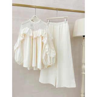 SEP House - Set kem áo dáng babydoll phối ren bèo tay dài kèm quần dài suông sang trọng, thanh lịch - Hàng loại 1