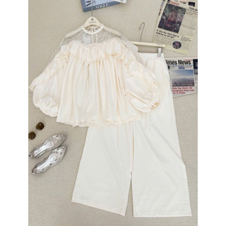 SEP House - Set kem áo dáng babydoll phối ren bèo tay dài kèm quần dài suông sang trọng, thanh lịch - Hàng loại 1