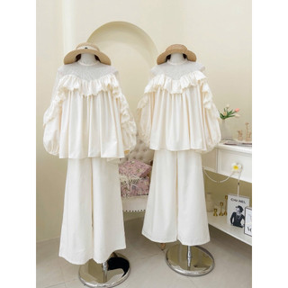SEP House - Set kem áo dáng babydoll phối ren bèo tay dài kèm quần dài suông sang trọng, thanh lịch - Hàng loại 1