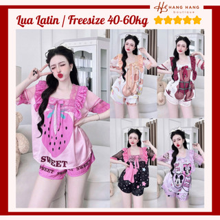 Đồ ngủ nữ 40-60kg, pijama đùi ngắn tay voan cổ vuông ren lụa mịn latin 60CC16, đồ bộ nữ đồ mặc nhà tiểu thư dễ thương