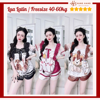 Đồ ngủ nữ 40-60kg, pijama đùi ngắn tay voan cổ vuông ren lụa mịn latin 60CC16, đồ bộ nữ đồ mặc nhà tiểu thư dễ thương