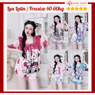Đồ ngủ nữ 40-60kg, pijama đùi ngắn tay voan cổ vuông ren lụa mịn latin 60CC16, đồ bộ nữ đồ mặc nhà tiểu thư dễ thương